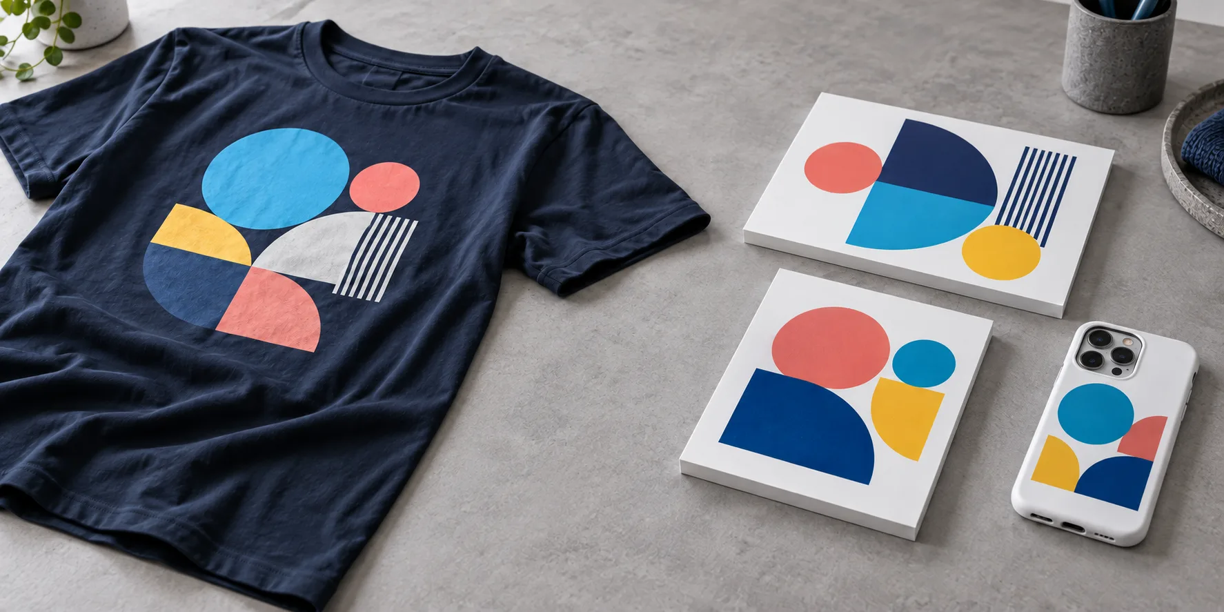 T-shirt, rigid panels and a phone case with colourful patterns — AI-generated illustration.