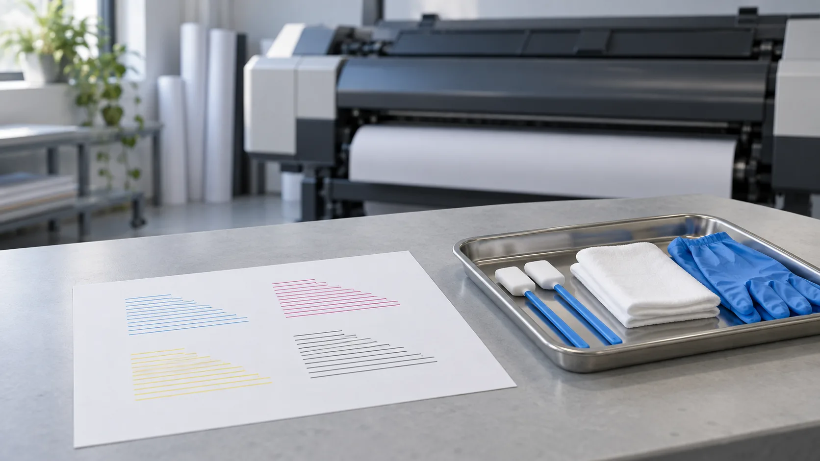 Print test sheet and cleaning supplies beside a printer — AI-generated illustration.