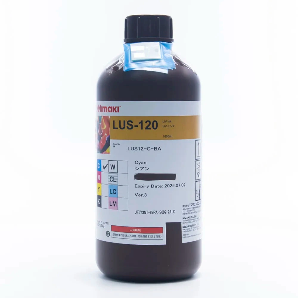 LUS-120 cyan 1L bottle — packaging reference; pictured batch is historical